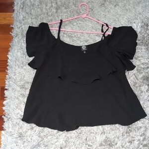 Black Ruffled Flutter Sleeve Crop Blouse